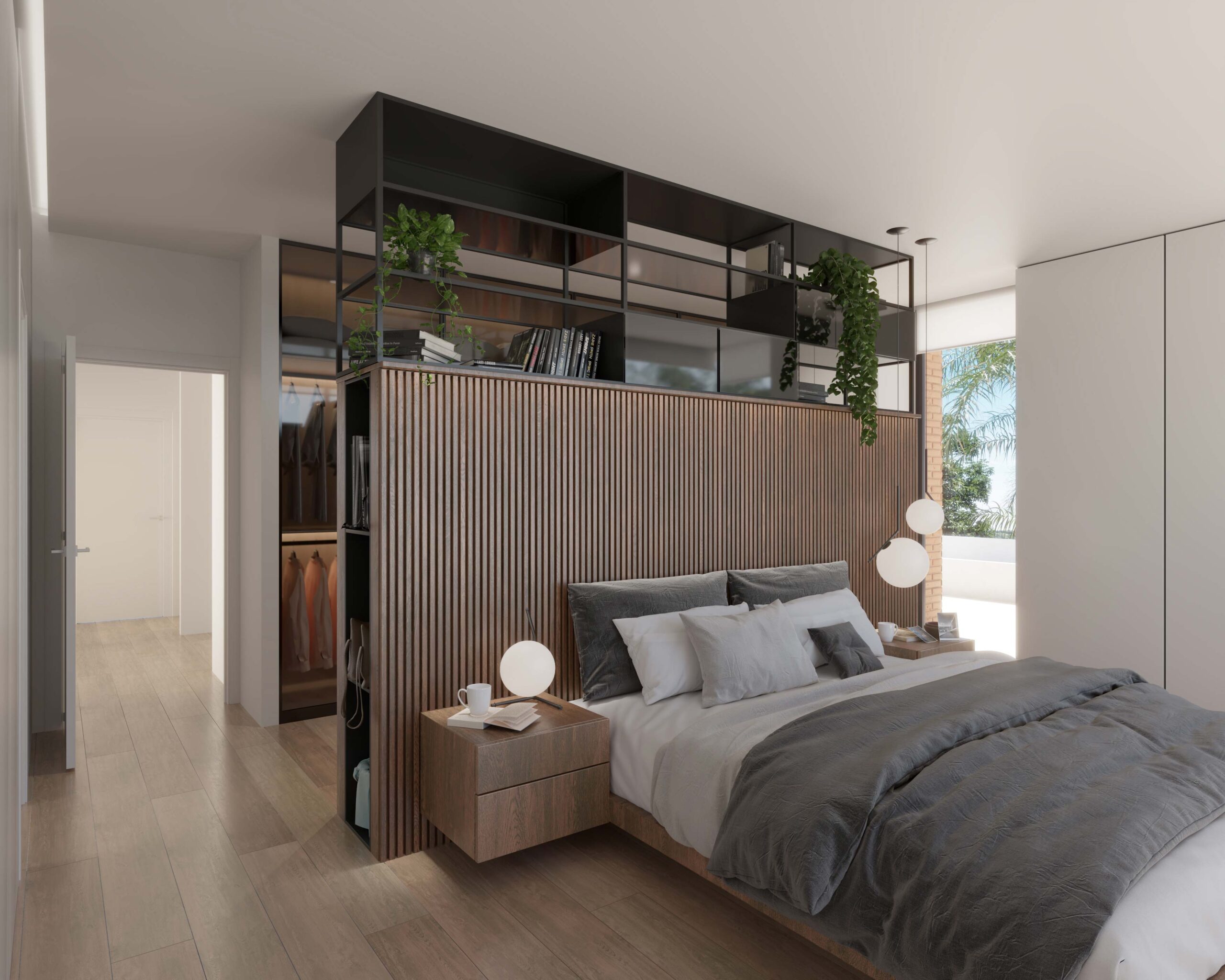 Dormitorio con cama y vestidor del proyecto Malta